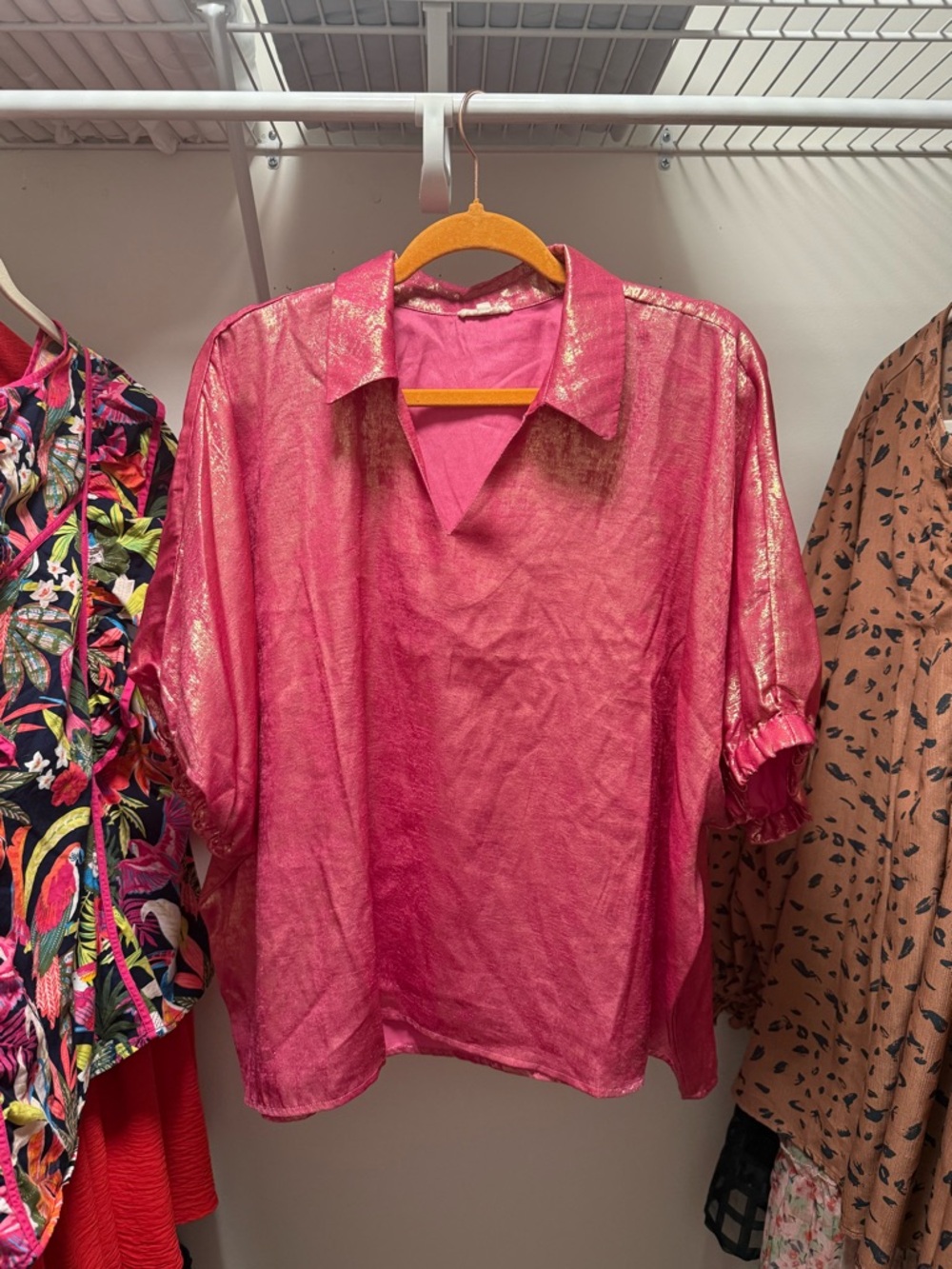 JODIFL Shimmery Hot Pink Collared Blouse